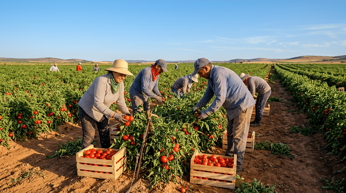 Jornaleras y jornaleros recogen tomates.